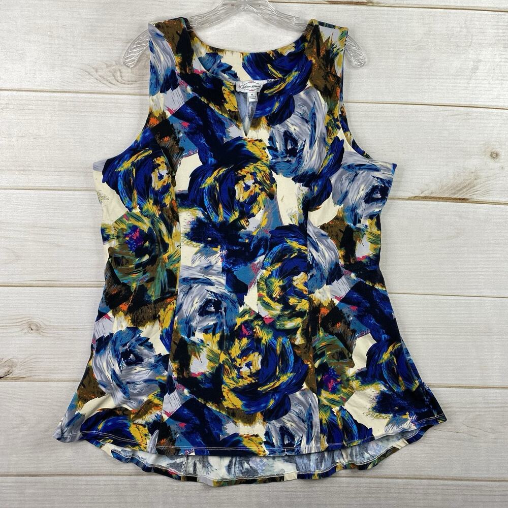 Kathleen Kirkwood Top Women XL Floral Stretch Tank Tunic Romantic Notch V Neck